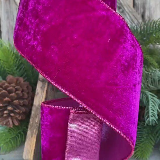 Hot Pink Velvet Wired Christmas Ribbon: 4" Plush Ribbon