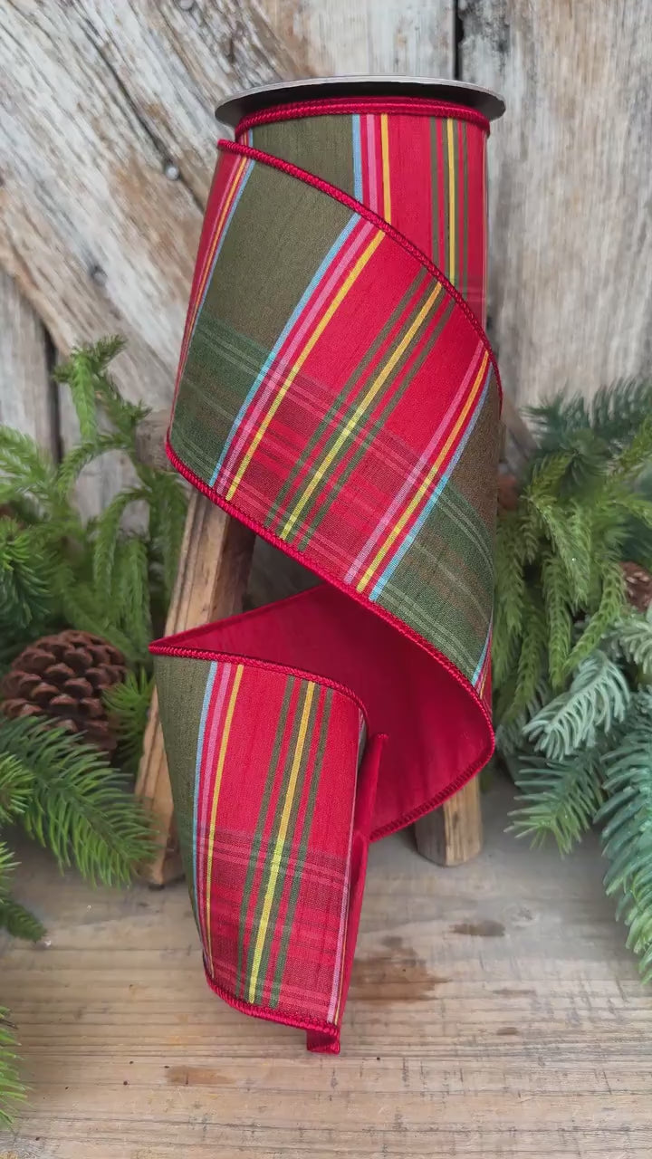 4" Traditional Christmas Plaid Ribbon, Wired Ribbon, Red Green Chirstmas Plaid RIbbon