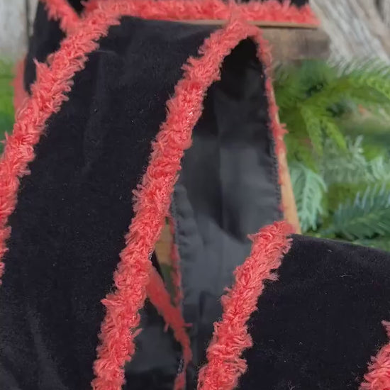 Black Velvet Halloween Ribbon: Orange Fuzzy Edge, Wired - 2.5"