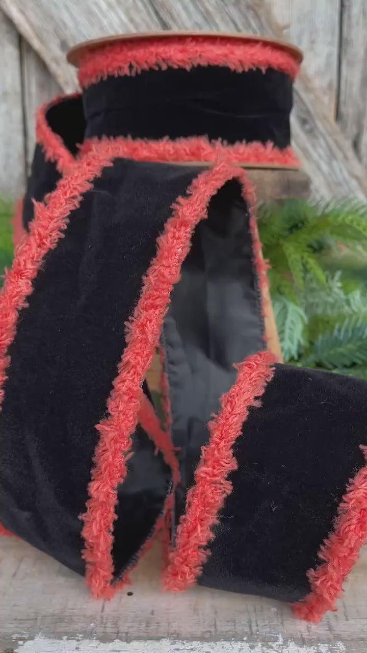 Black Velvet Halloween Ribbon: Orange Fuzzy Edge, Wired - 2.5"