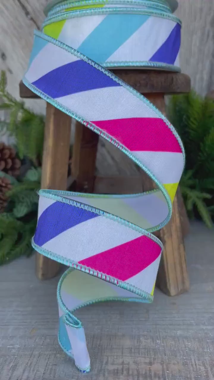 1.5" Rainbow Diagonal Stripe, Wired Ribbon, Summer Ribbon