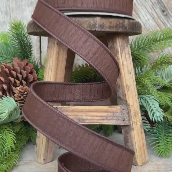 1” Chocolate Brown Dupion Ribbon, Fall ribbon, Christmas ribbon
