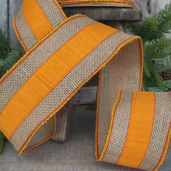 2.5" Orange Burlap Border Ribbon, Farrisilk Ribbon, Wired Ribbon