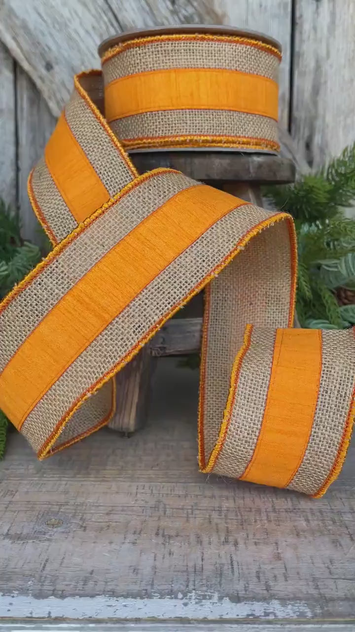 2.5" Orange Burlap Border Ribbon, Farrisilk Ribbon, Wired Ribbon