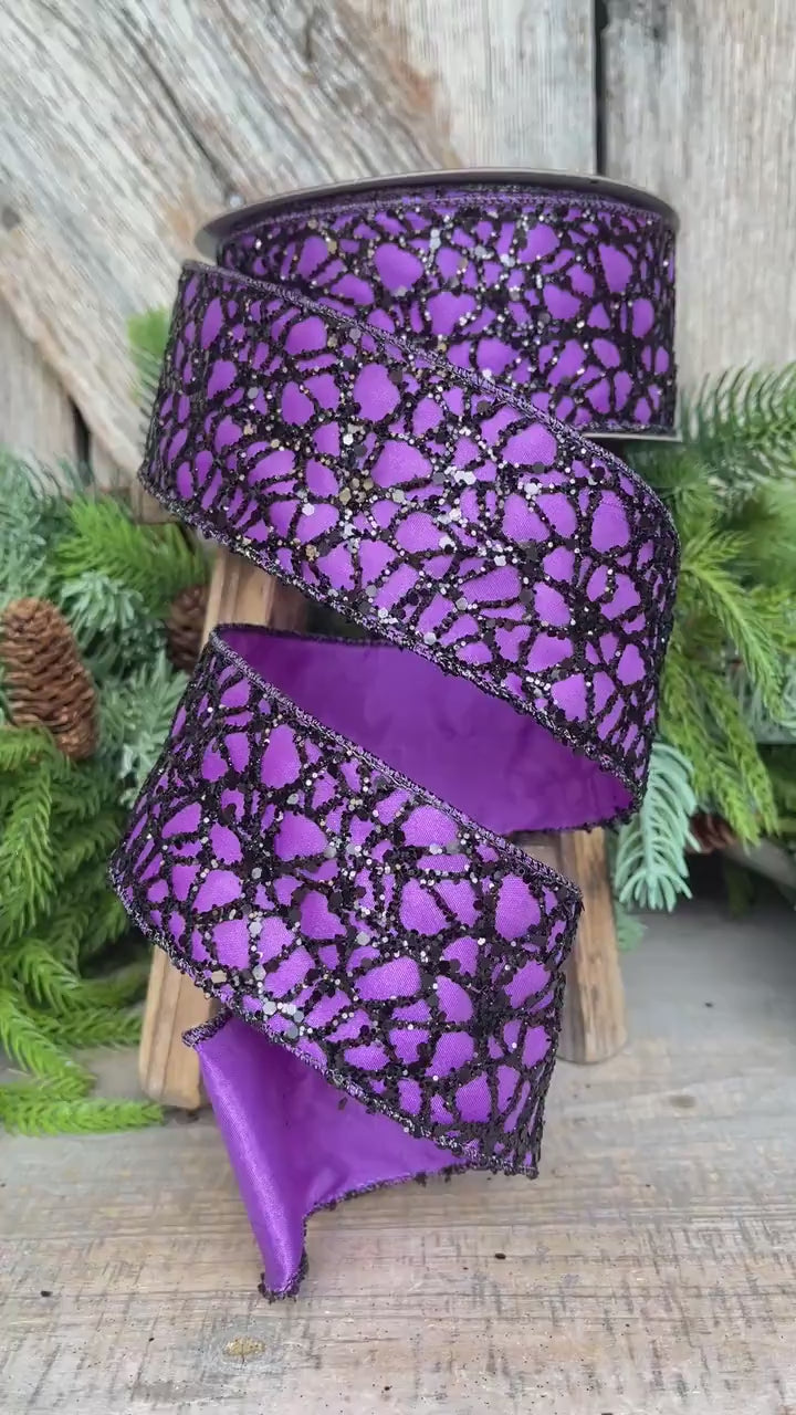 2.5" Purple Black Glitzy Web Ribbon, Farrisilk Ribbon, Halloween RIbbon