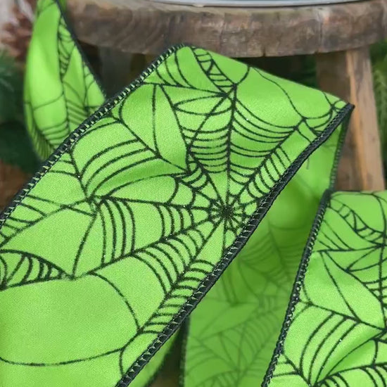 2.5" Lime Green Spooky Webs Ribbon, Farrisilk Ribbon, Halloween Ribbon