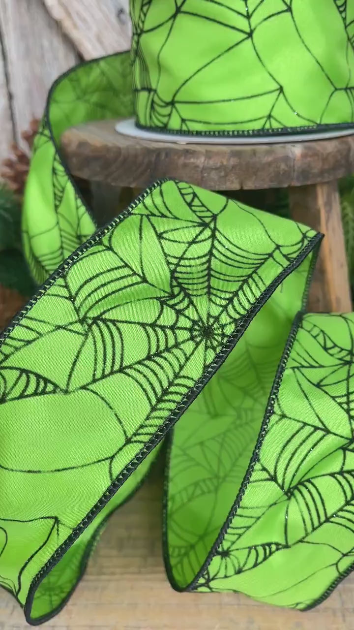 2.5" Lime Green Spooky Webs Ribbon, Farrisilk Ribbon, Halloween Ribbon
