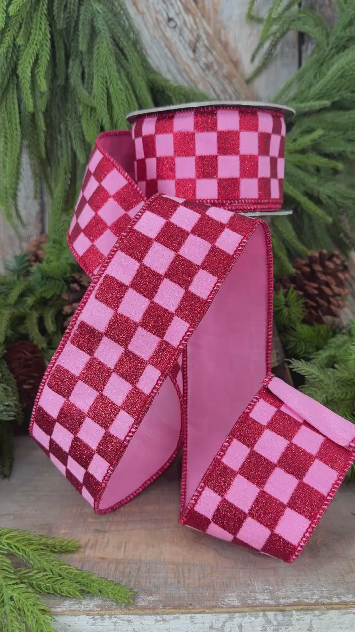 2.5" Pink Red Glitter Check Ribbon, Christmas Ribbon