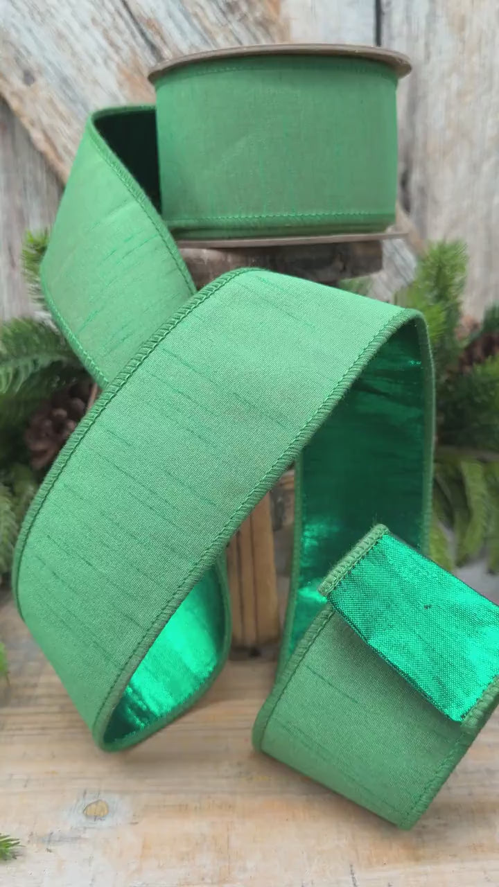 2.5" Christmas Green Dupioni Wired Ribbon with Metallic Backing – 10 Yards