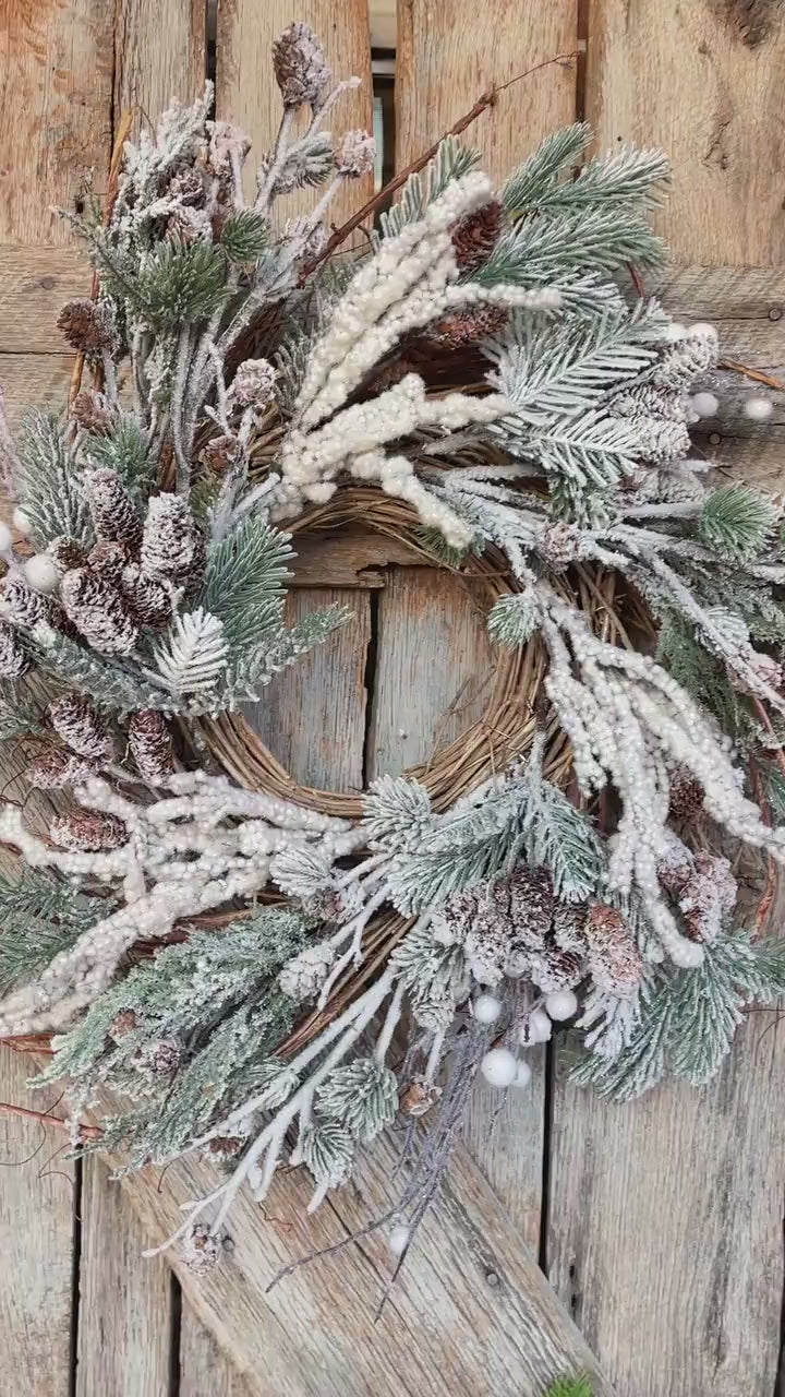24" Snowy Flocked Wreath,Flocked Front Door Wreath,Christmas Wreath, Artificial Wreath