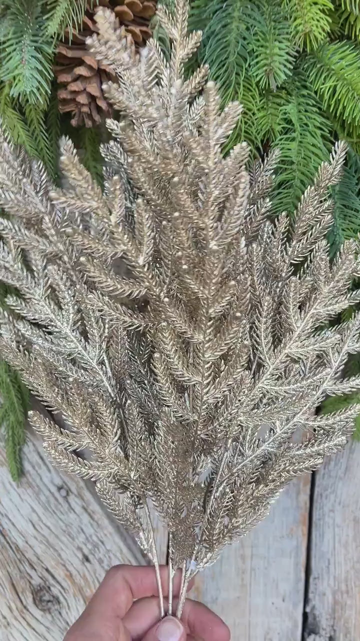 21" Champagne Gold Norfolk Pine Spray, Gold Christmas SPray, Christmas Tree Topper Spray