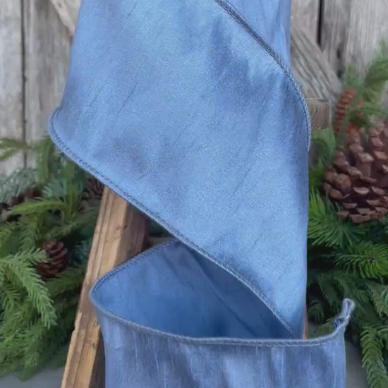 4" French Blue Dupioni Ribbon, Wired Ribbon, Blue Ribbon