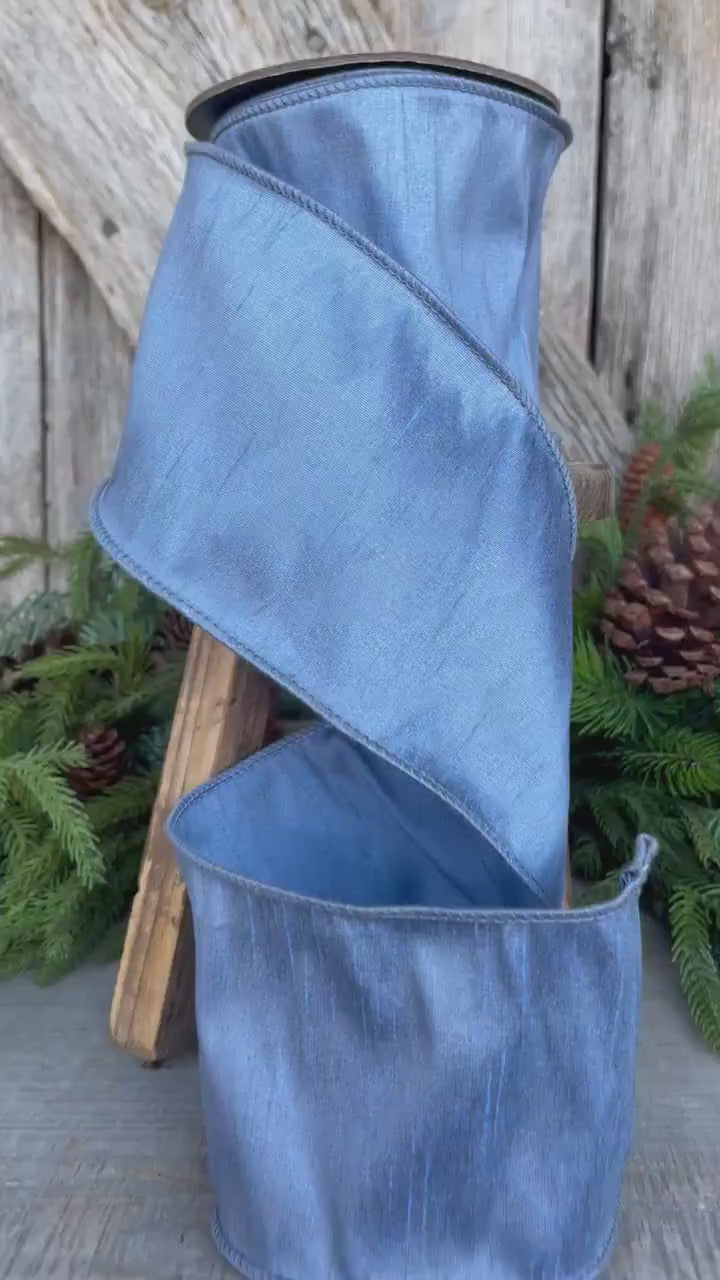4" French Blue Dupioni Ribbon, Wired Ribbon, Blue Ribbon