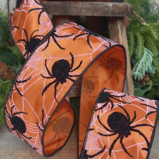 2.5" Orange Spider Ribbon, Farrisilk Ribbon, Halloween Ribbon