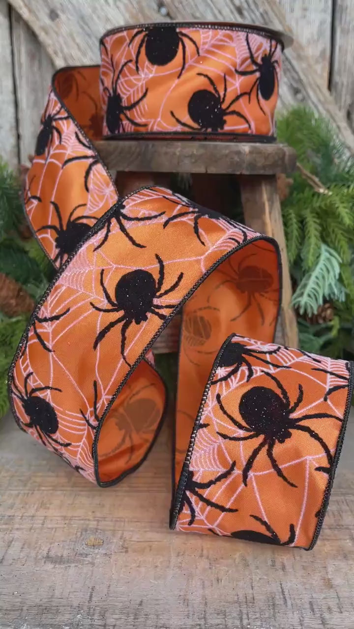 2.5" Orange Spider Ribbon, Farrisilk Ribbon, Halloween Ribbon