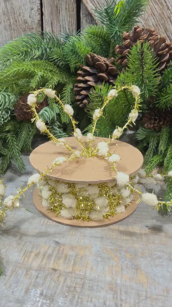 3/8" Ivory Pom Pom Tinsel Garland, Gold Metallic