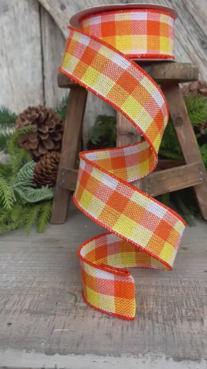 1.5" Candy Corn Plaid Ribbon, Wired RIbbon, Orange White Yellow Ribbon