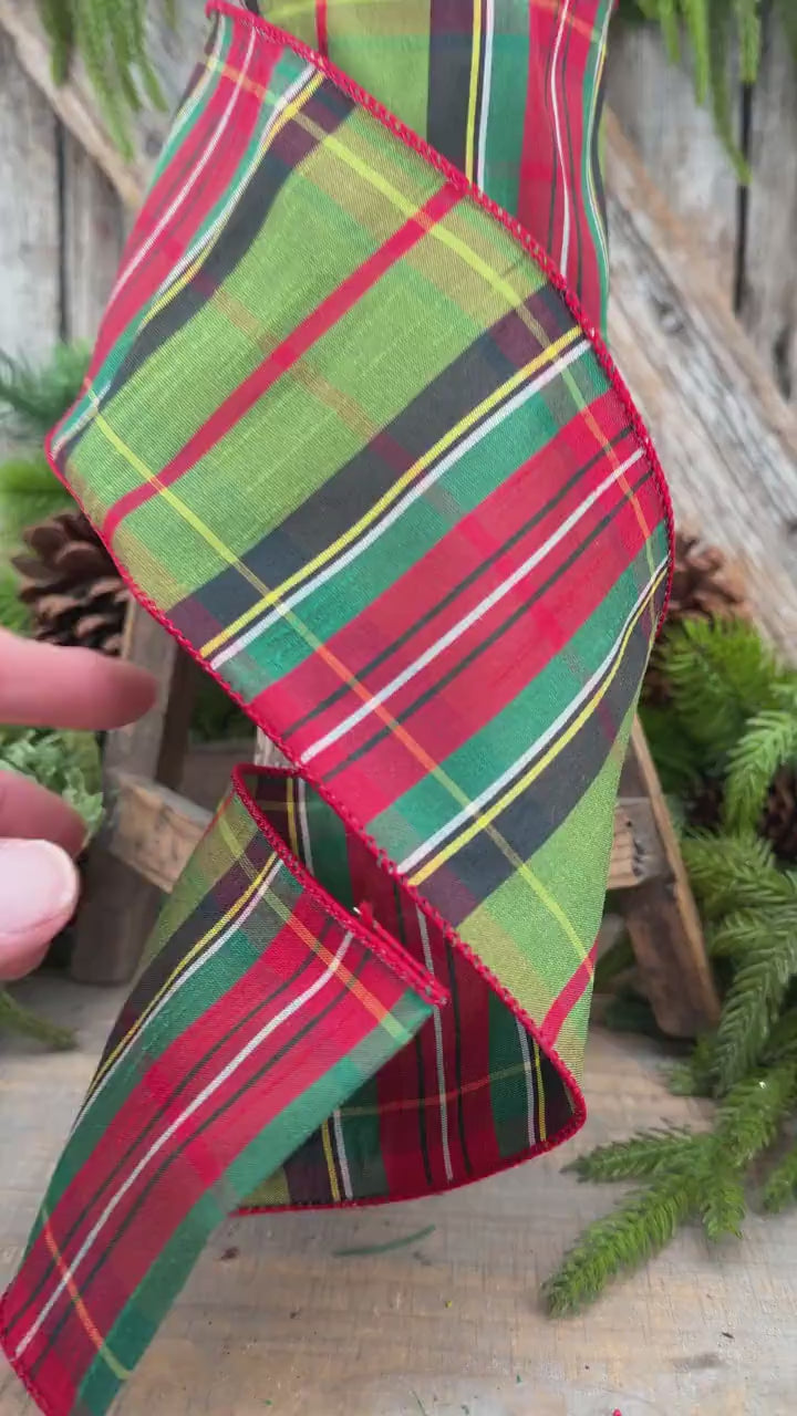 4" Green Tartan Christmas Plaid Ribbon, Green Red Christmas Ribbon