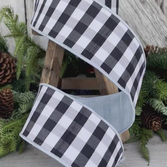 2.5" LIght Blue and Black and White Check Ribbon, Farrisilk Ribbon, WIred Ribbon