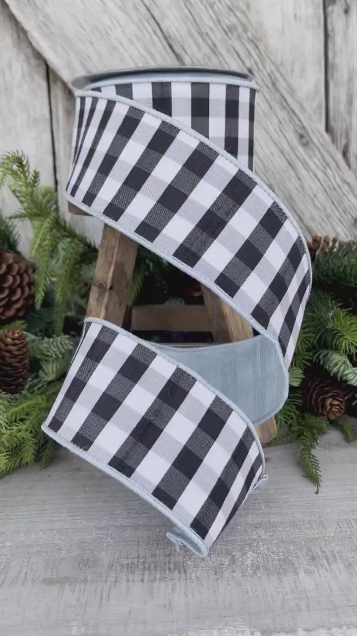 2.5" LIght Blue and Black and White Check Ribbon, Farrisilk Ribbon, WIred Ribbon