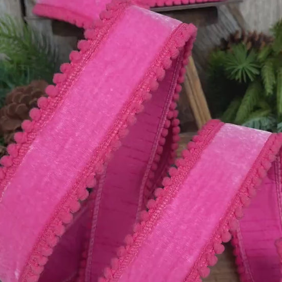 1.5" Pink Velvet Ribbon, Bubblegum Pink Ribbon with Pom Pom Edge