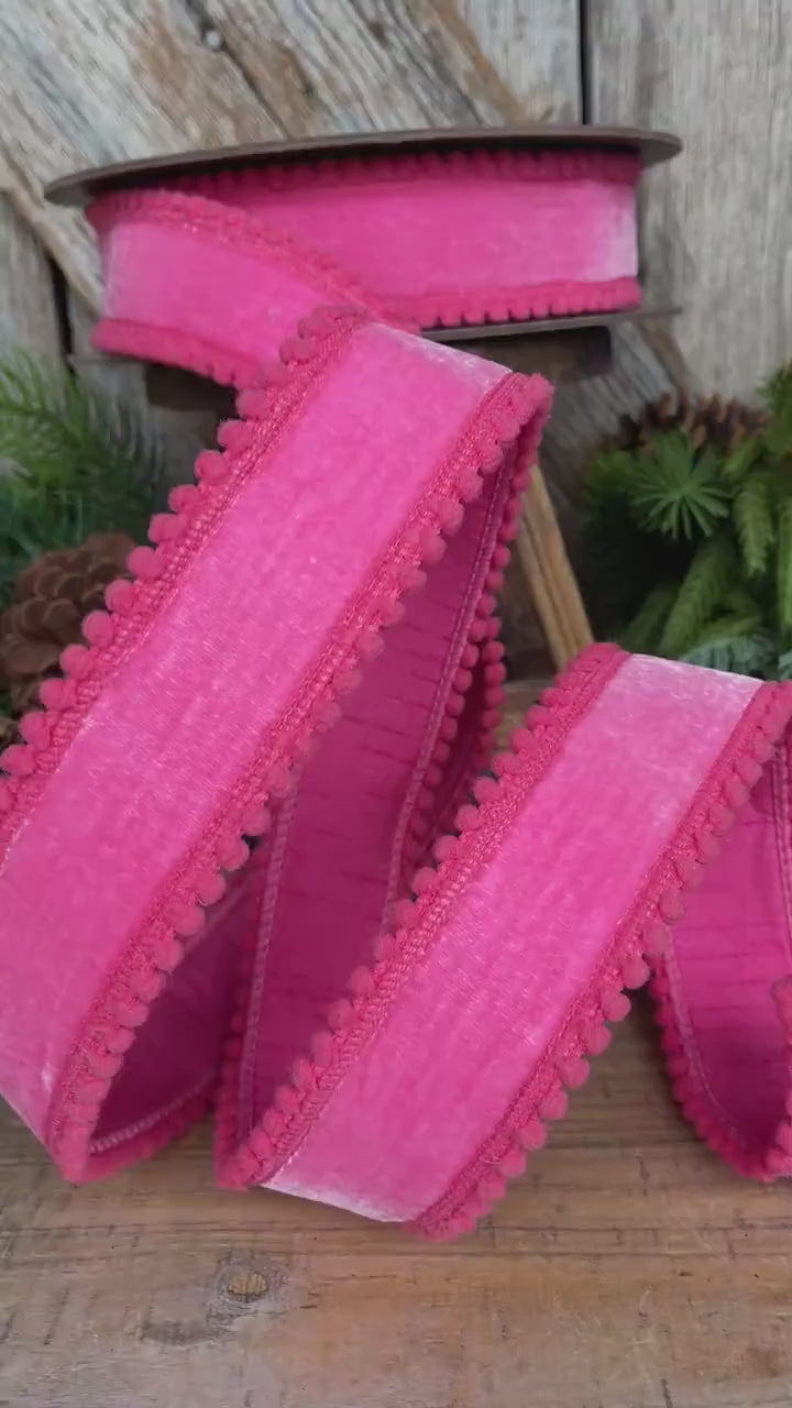 1.5" Pink Velvet Ribbon, Bubblegum Pink Ribbon with Pom Pom Edge