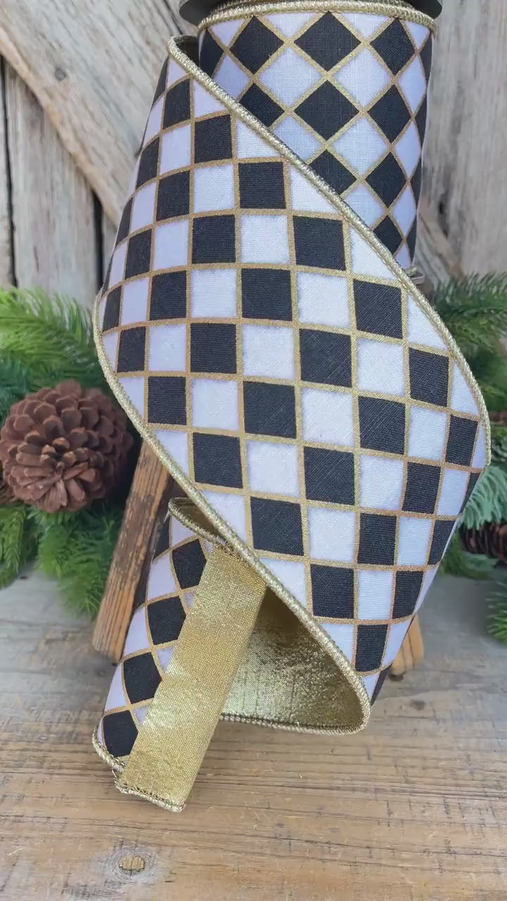 4" Black and White Harlequin Ribbon, Christmas Ribbon