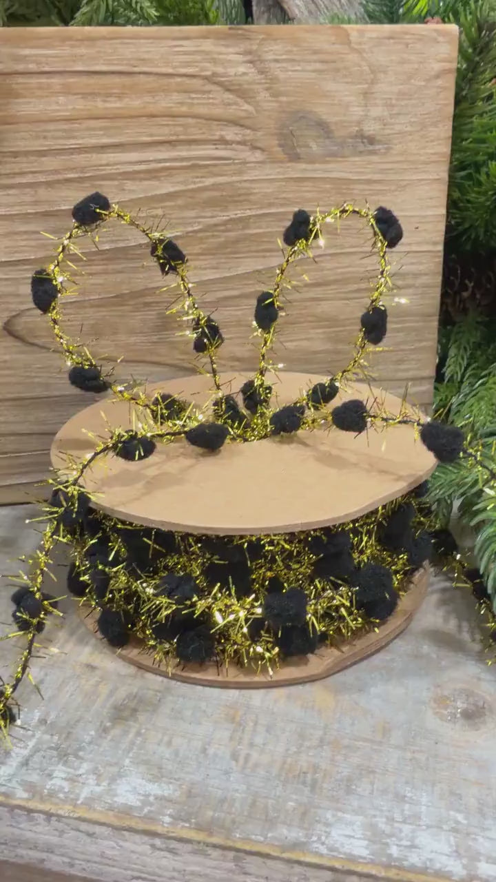 3/8" Black Pom Pom Tinsel Garland, Gold Metallic