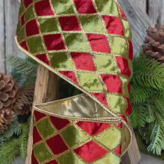 4" Red and Green Harlequin Velvet Ribbon, Christmas Ribbon, Harlequin Ribbon
