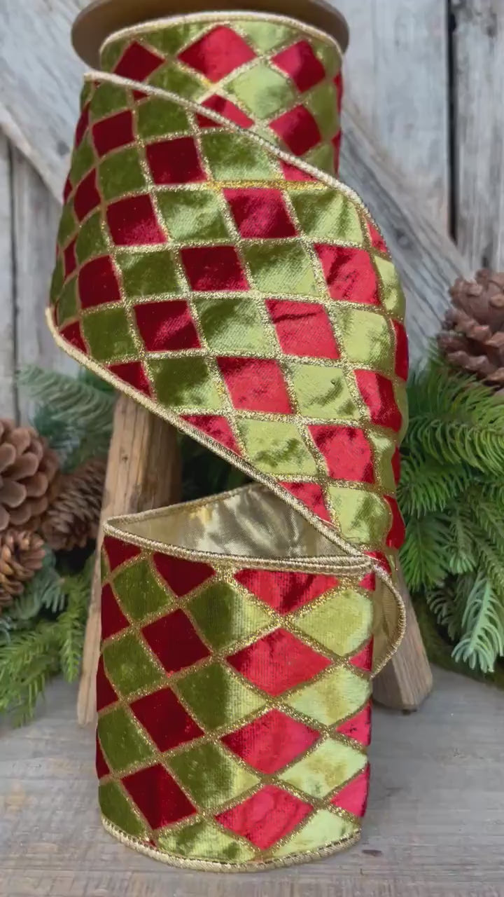 4" Red and Green Harlequin Velvet Ribbon, Christmas Ribbon, Harlequin Ribbon