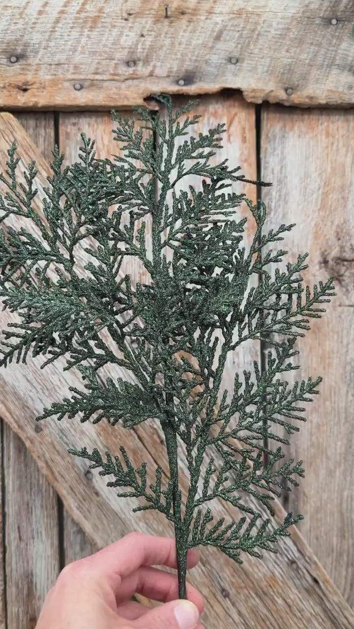 24" Dark Green Glitter Cedar Spray – Christmas Greenery