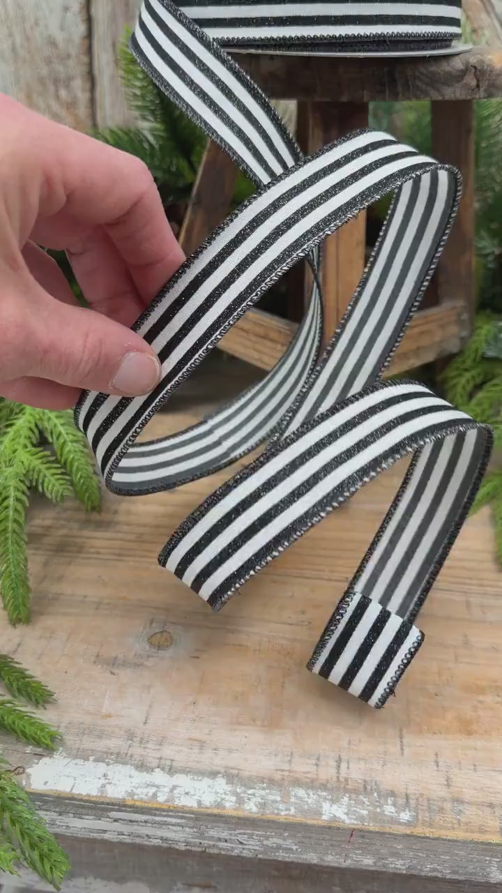 1" Black and White Mini Glitter Stripes Wired Ribbon by Farrisilk
