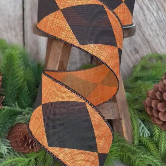 2.5" Orange Harlequin Ribbon, Farrisilk Ribbon, Orange Dark Diamonds by Farrisilk