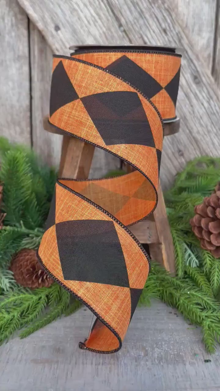 2.5" Orange Harlequin Ribbon, Farrisilk Ribbon, Orange Dark Diamonds by Farrisilk