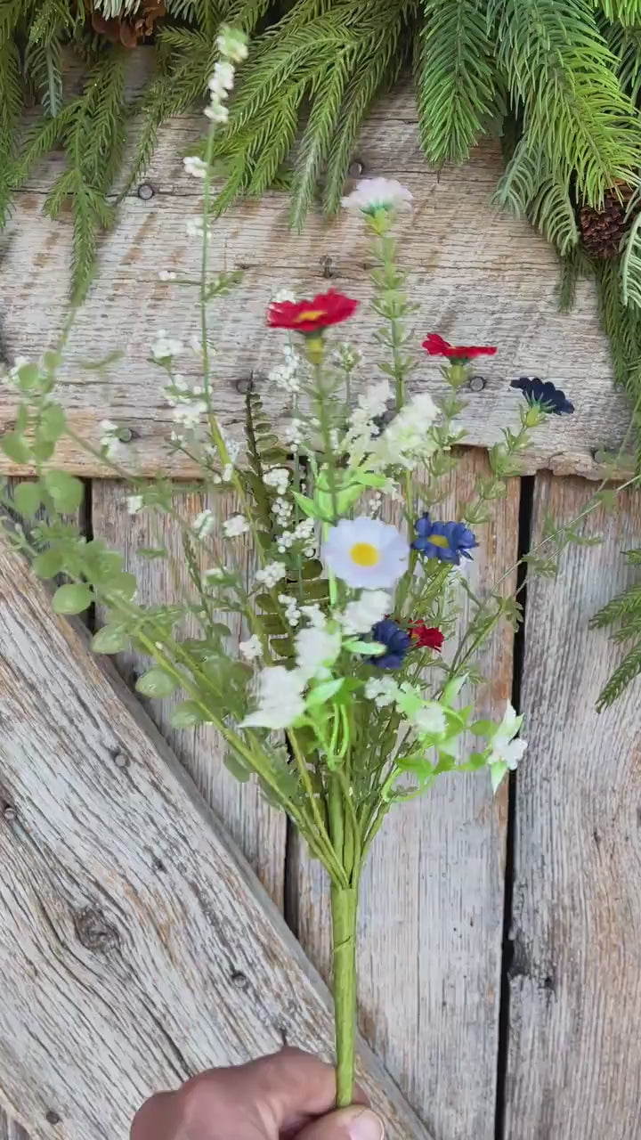 18" Patriotic Flowering Bush, Artificial Floral Bush, Red White Blue Floral