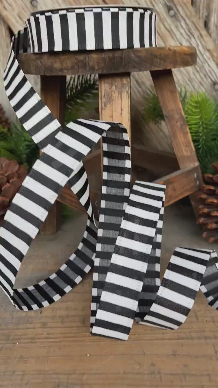 7/8" Black White Stripe Ribbon, Narrow Ribbon, Christmas Bow Ribbon