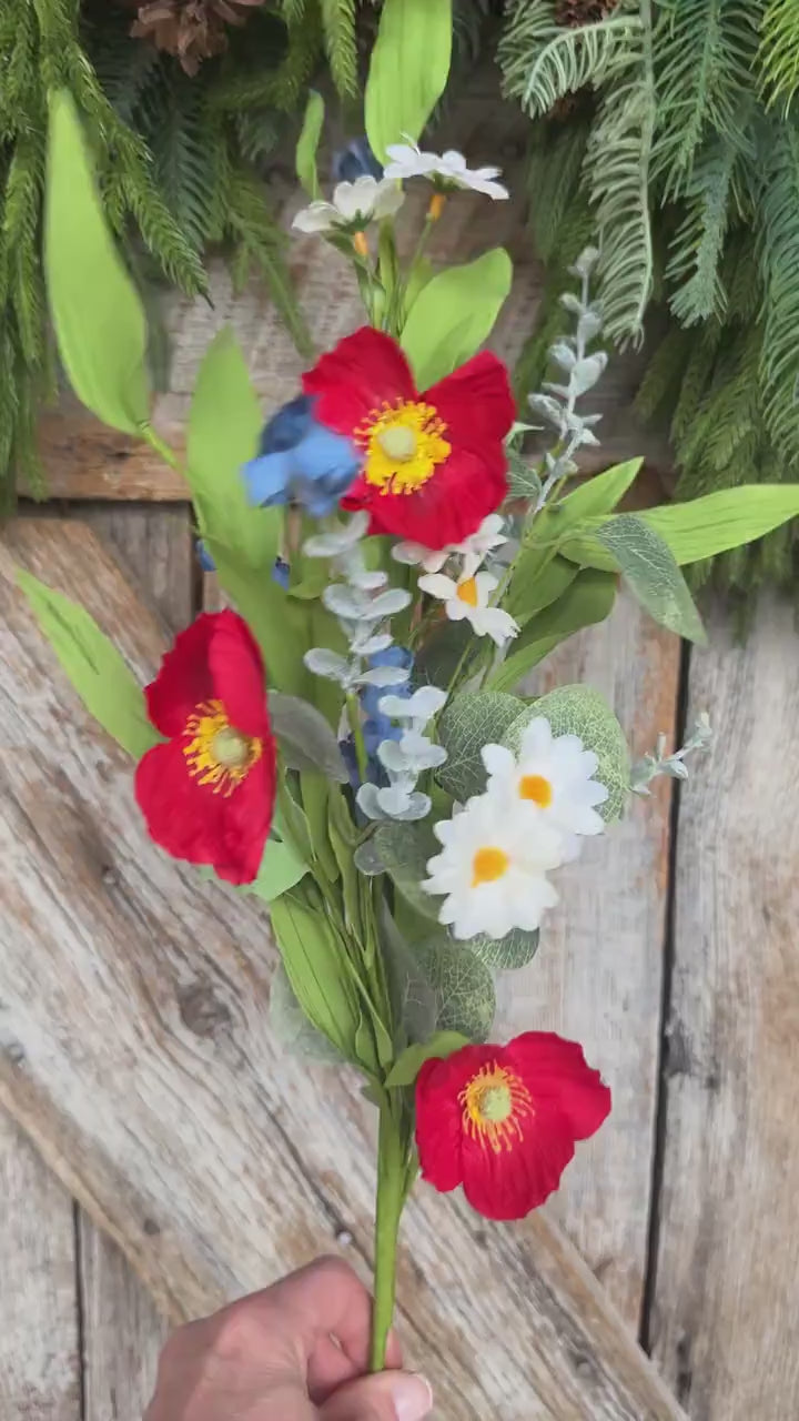 28" Patriotic Poppy Floral Spray | Red Poppies, White Daisies & Blue Wildflowers | Artificial Flower Stem