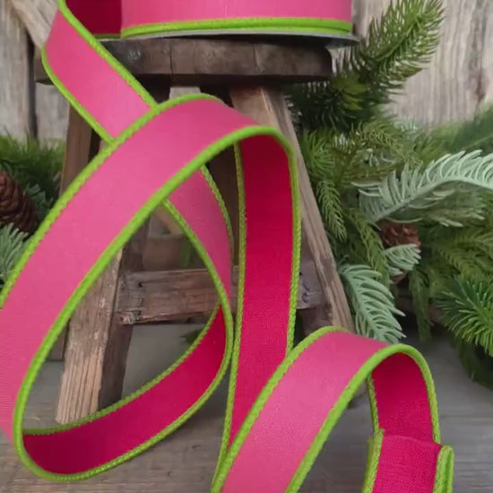 1" Pink Lime Green Ribbon, Farrisilk Ribbon, Wired Ribbon