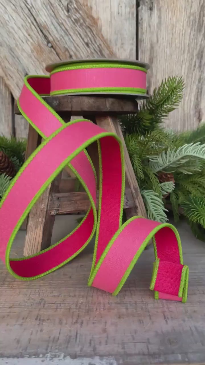 1" Pink Lime Green Ribbon, Farrisilk Ribbon, Wired Ribbon