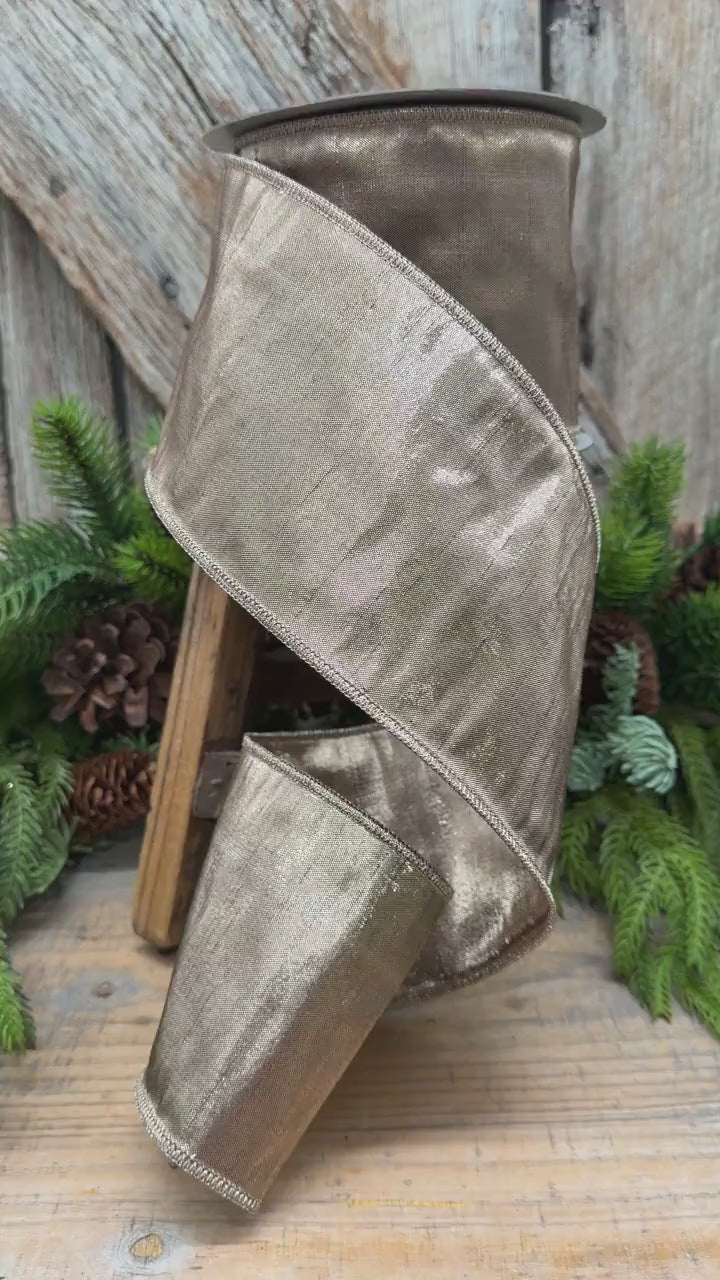 4" Cappuccino Metallic Dupion Wired Ribbon by Farrisilk