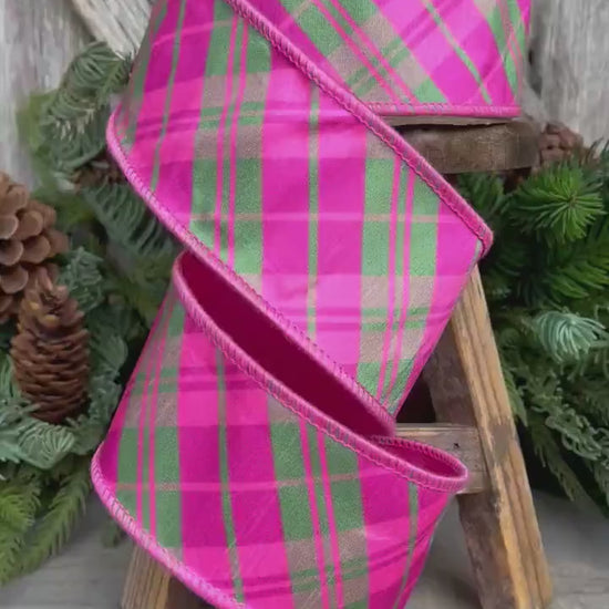 2.5" Pink and Green Bias Plaid RIbbon, Spring Ribbon, Bubblegum Pink Plaid Ribbon