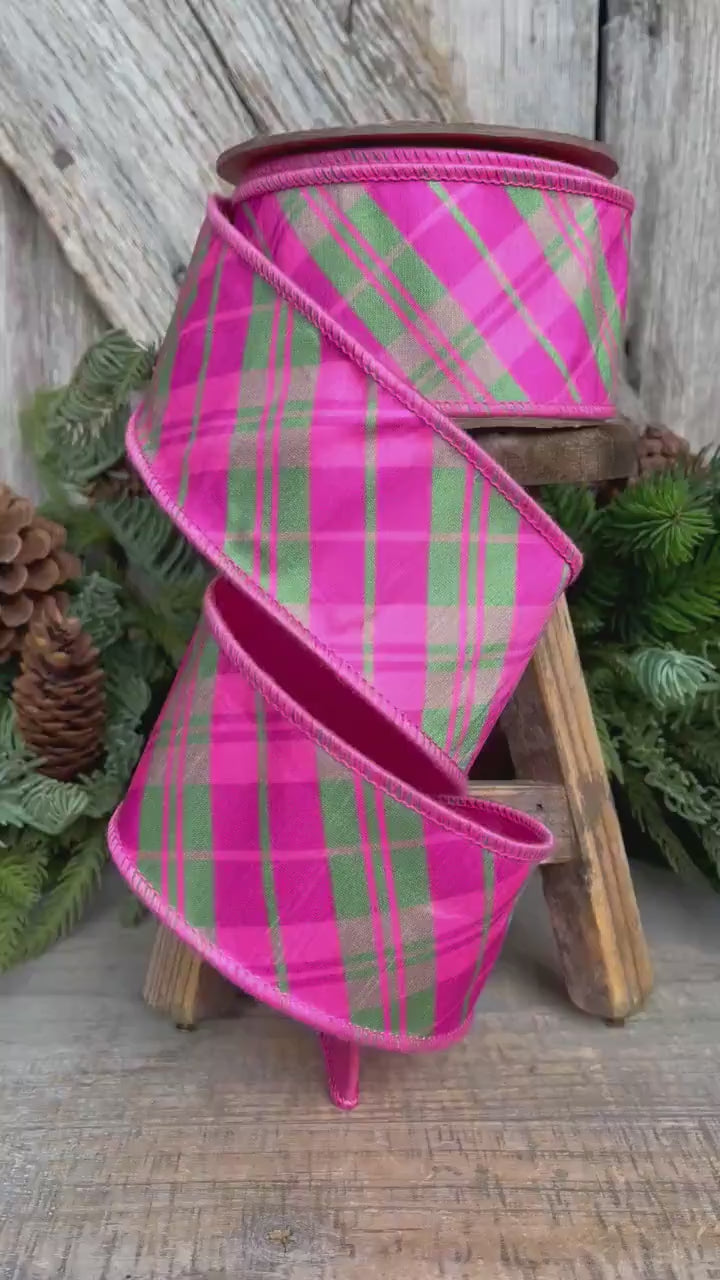 2.5" Pink and Green Bias Plaid RIbbon, Spring Ribbon, Bubblegum Pink Plaid Ribbon