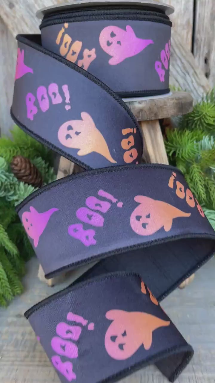 2.5" Boo Halloween Ribbon, Farrisilk Ribbon, Wired Ribbon