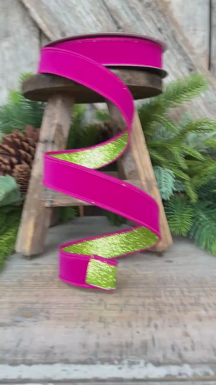 1" Hot Pink Lime Green Ribbon, Farrisilk Ribbon, Hot Pink Ribbon