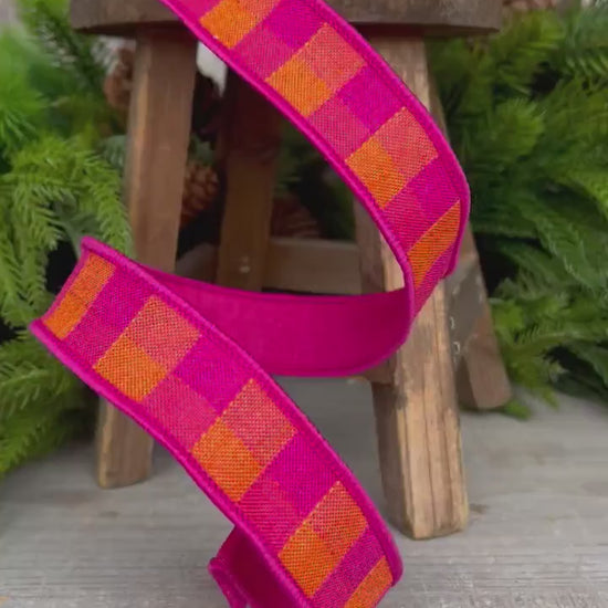 1" Hot Pink Orange Checks Stitchery Ribbon, Farrisilk Ribbon, Spring Ribbon