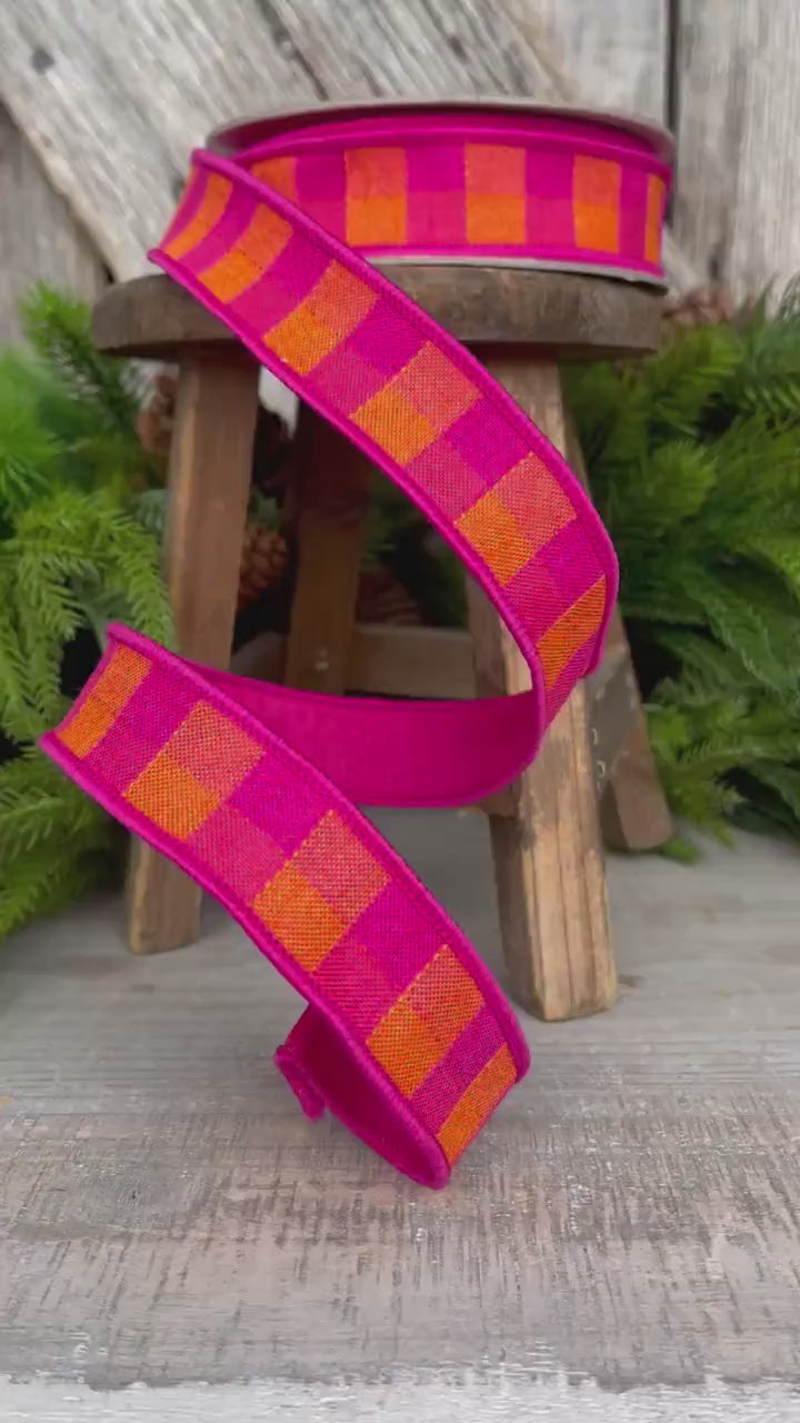 1" Hot Pink Orange Checks Stitchery Ribbon, Farrisilk Ribbon, Spring Ribbon