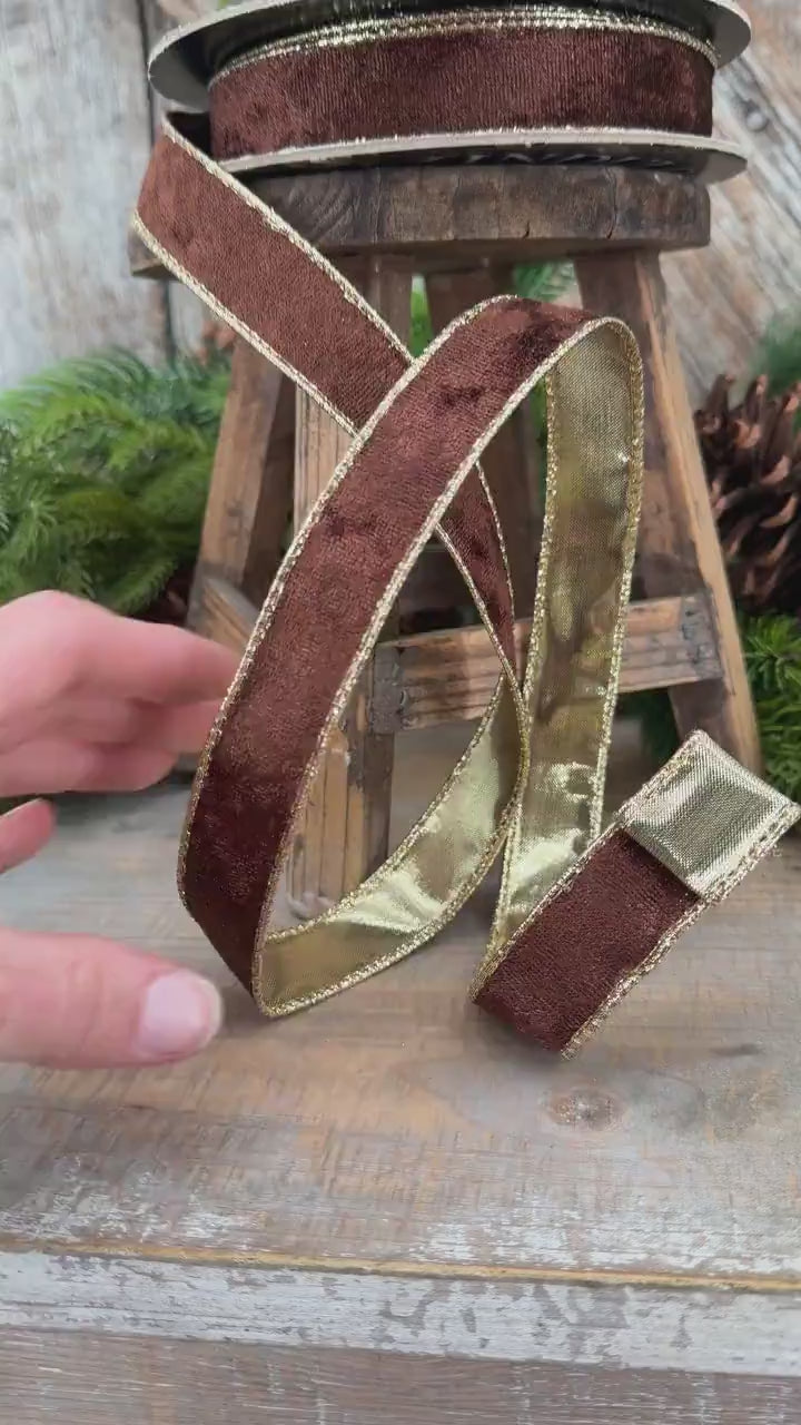 1" Chocolate Brown Velet ribbon with metallic gold backing
