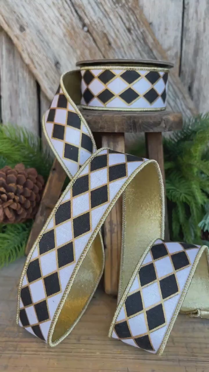 1.5" Black and White Harlequin Ribbon, Christmas Ribbon