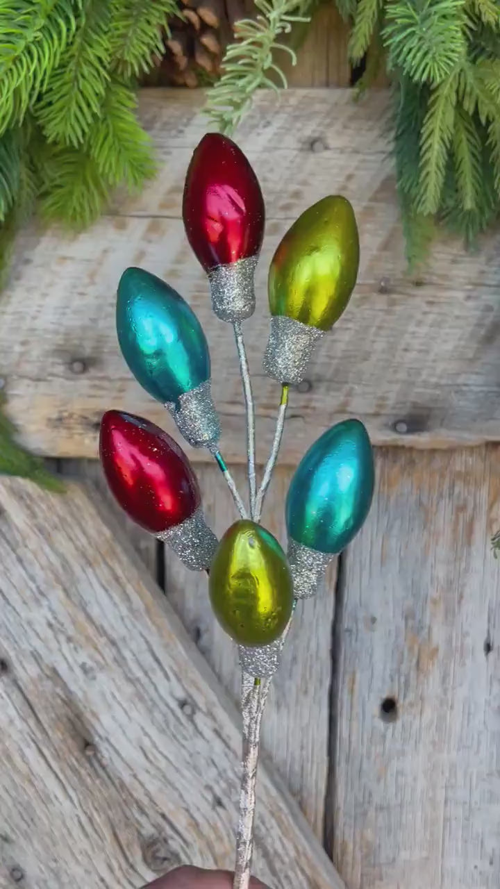 15" Metallic Light Bulb Spray, Retro Lightbulb Spray, Vintage Christmas Floral Pick