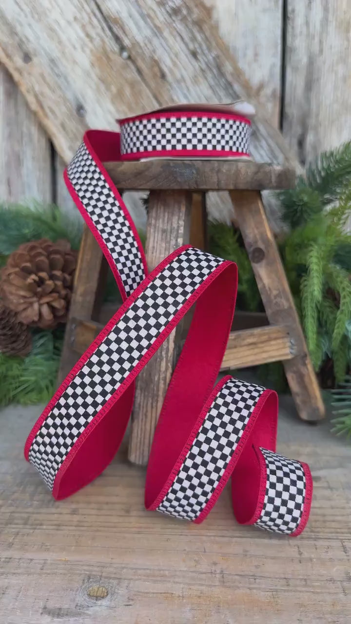 1" Black White Check Ribbon with Red Trim